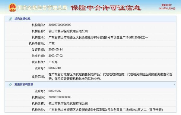 配资门户网官网首页 佛山市隽宇保险代理有限公司换发保险中介许可证，发证日期2025年5月14日